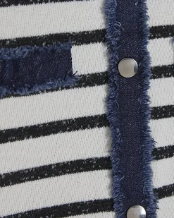 White Long Sleeve Striped Denim Mix Cardigan