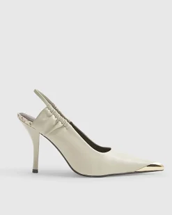 White Metal Toe Cap Slingback Court Heels