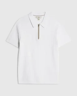 White Muscle Fit Stretch Rib Knit Polo Shirt