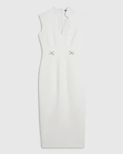 White Notch Neck Gold Detail Midi Dress