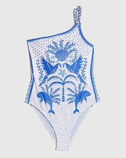 White One Shoulder Dolphin Print Swimsuit