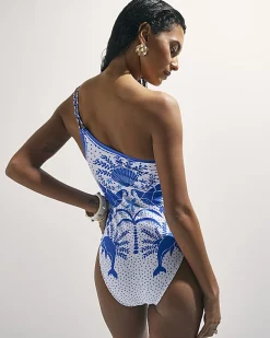 White One Shoulder Dolphin Print Swimsuit