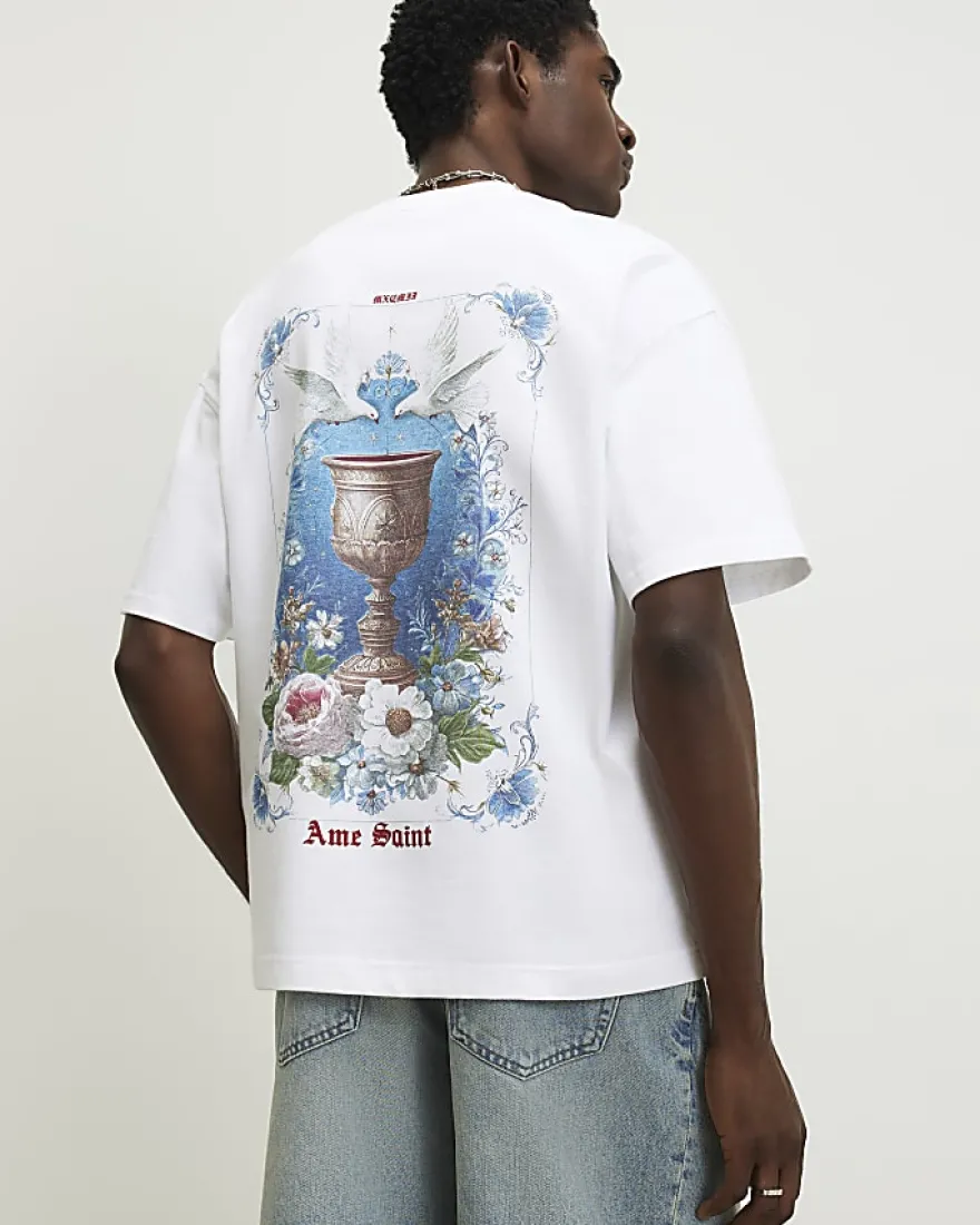 White Oversized Floral Dove T-Shirt