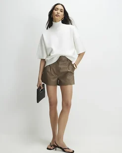 White Oversized Knitted High Neck Top