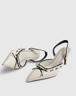 White Piped Bow Slingback Court Heels