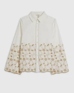 White Poplin Broderie Hem Shirt