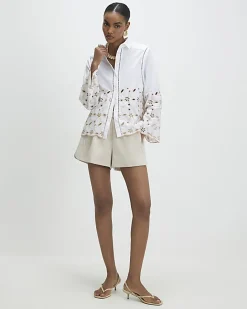 White Poplin Broderie Hem Shirt