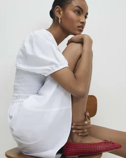 White Puff Sleeve Shirred Mini Dress