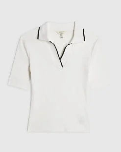 White Ribbed Polo Top