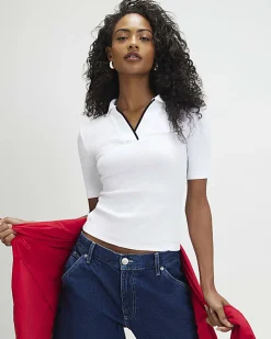 White Ribbed Polo Top