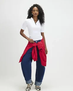 White Ribbed Polo Top