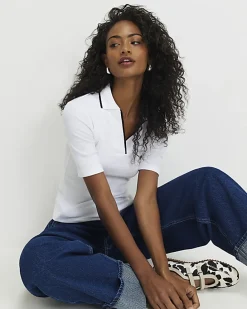 White Ribbed Polo Top