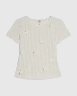 White Short Sleeve 3D Flower Trim Top