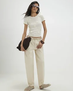 White Short Sleeve 3D Flower Trim Top