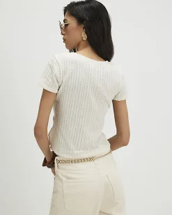 White Short Sleeve 3D Flower Trim Top