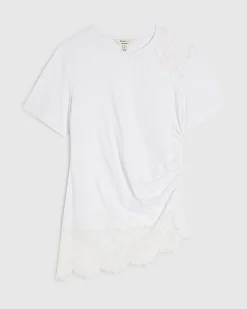 White Short Sleeve Lace Asymmetric Ruched Top