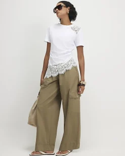 White Short Sleeve Lace Asymmetric Ruched Top