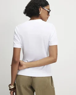 White Short Sleeve Lace Asymmetric Ruched Top