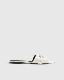 White Signature Trim Flat Mule Sandals