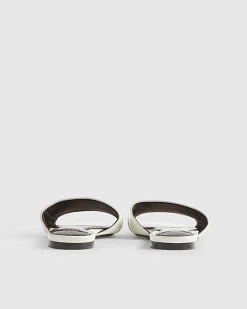 White Signature Trim Flat Mule Sandals