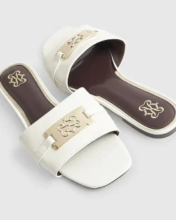 White Signature Trim Flat Mule Sandals