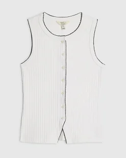 White Sleeveless Scallop Trim Ribbed Top