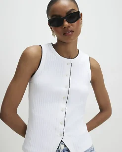 White Sleeveless Scallop Trim Ribbed Top