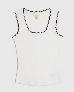 White Sleeveless Scallop Trim Tank Top