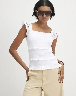 White Sleeveless Shirred Broderie Top