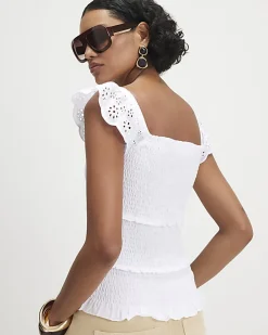 White Sleeveless Shirred Broderie Top