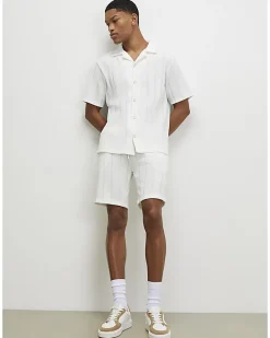 White Slim Fit Textured Stripe Shorts