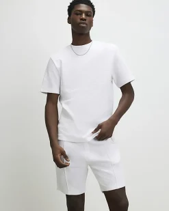 White Slim Fit Textured T-Shirt & Short Set