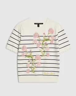 White Stripe Floral Embroidered Knit T-Shirt