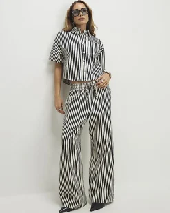 White Striped Drawstring Wide Leg Jeans