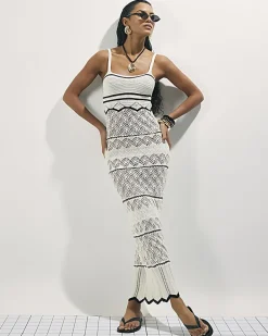 White Striped Knit Midi Dress