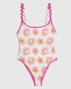 White Sun Print Textured Swimsuit
