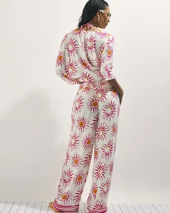 White Sun Print Wide Leg Beach Trousers