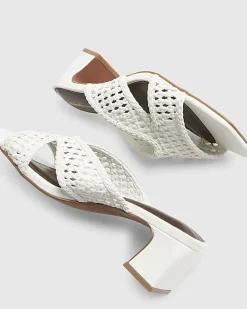 White Weave Block Heel Mule Sandals