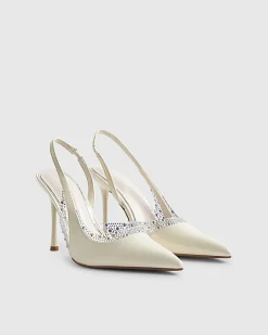 White Wide Fit Sparkle Slingback Court Heels