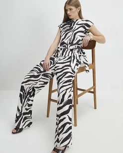 White Zebra Print Wide Leg Trousers