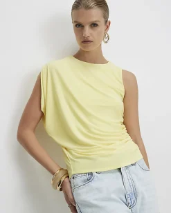 Yellow Asymmetric Drape Ruched Top
