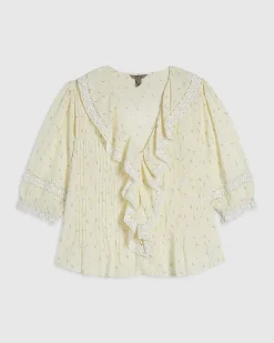 Yellow Floral Print Frill Trim Blouse