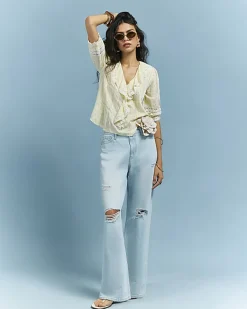 Yellow Floral Print Frill Trim Blouse