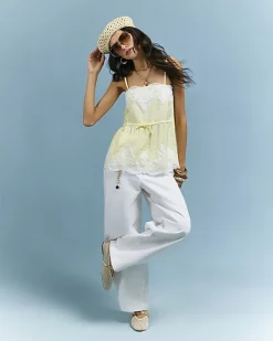 Yellow Lace Trim Cinched Cami Top