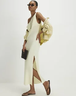 Yellow Linen Blend Asymmetric Midi Dress