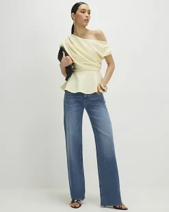 Yellow One Shoulder Drape Peplum Top