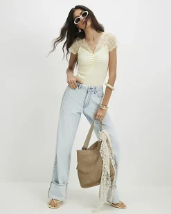 Yellow Short Sleeve Lace Trim Ruched Top