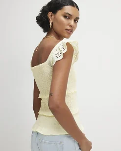 Yellow Sleeveless Shirred Broderie Top