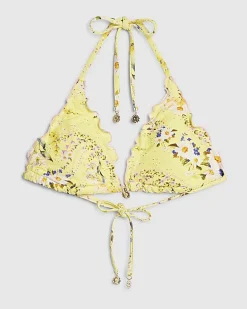 Yellow Triangle Daisy Floral Print Bikini Top