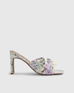 Yellow Twist Plisse Floral Heeled Mules